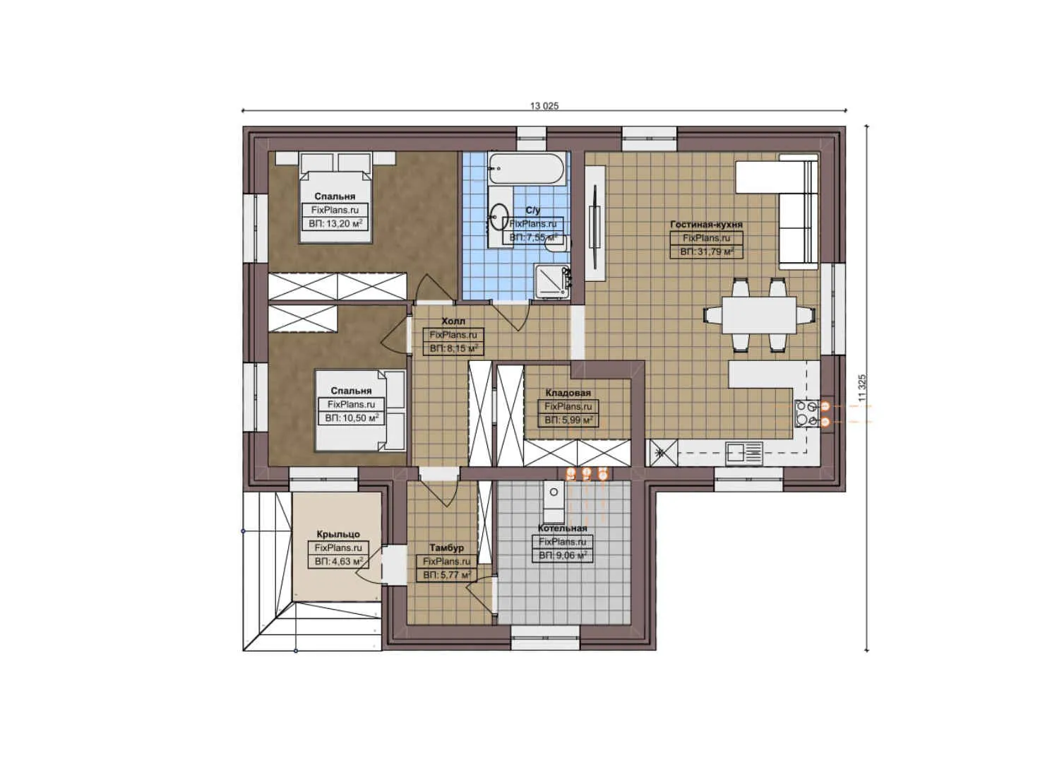 F-6812 - План одноэтажного дома 12 на 14, площадью 100 м² с 2 спальнями