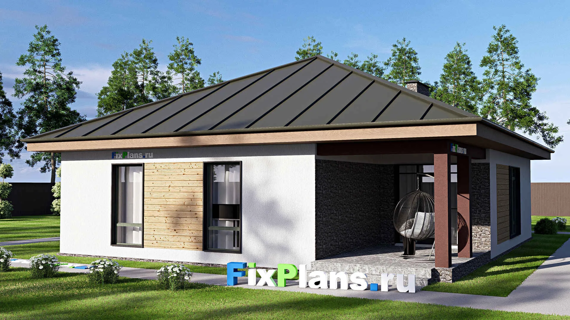 F-20492 - Проект одноэтажного дома 16 на 16, площадью 160 м² с террасой, гаражом на 1 машину и 2 спальнями