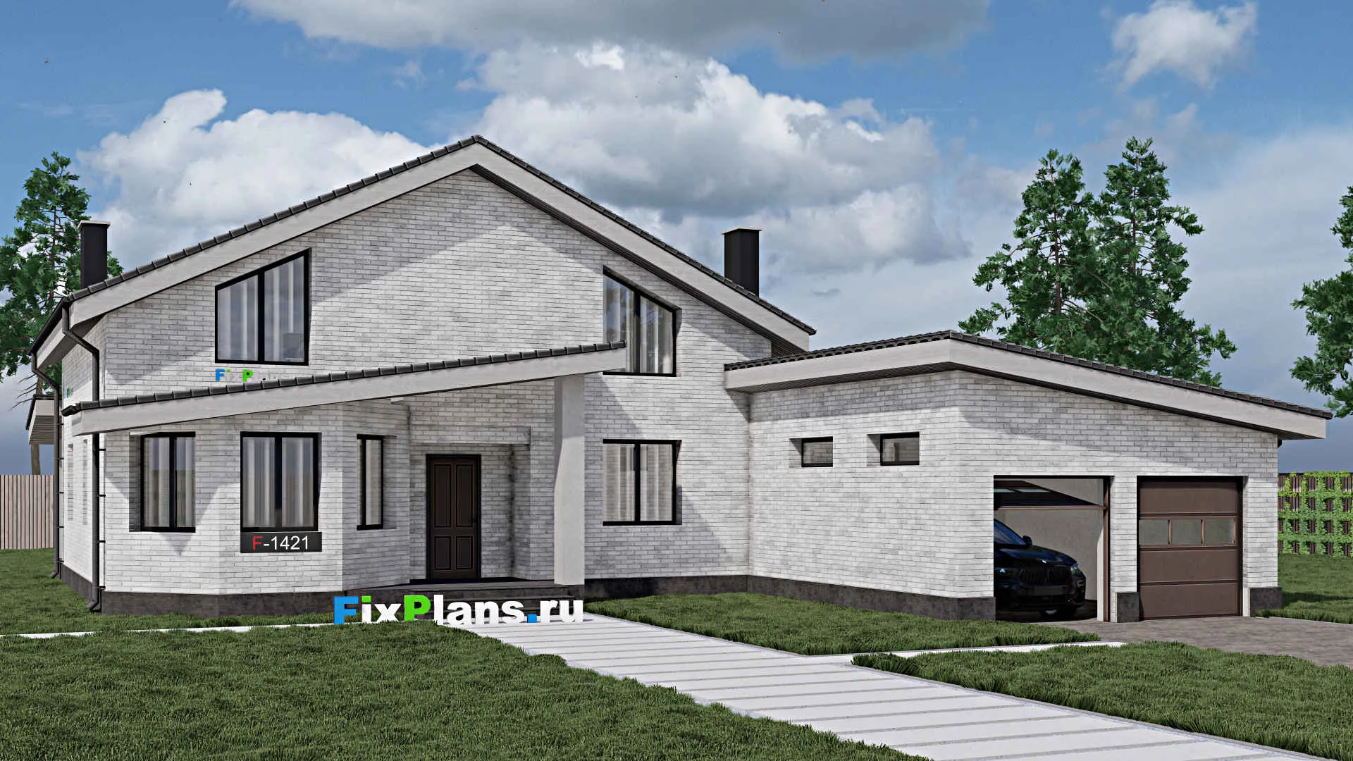 F-1421 - Проект дома с мансардой 17 на 17, площадью 240 м² с террасой, гаражом на 1 машину и 3 спальнями
