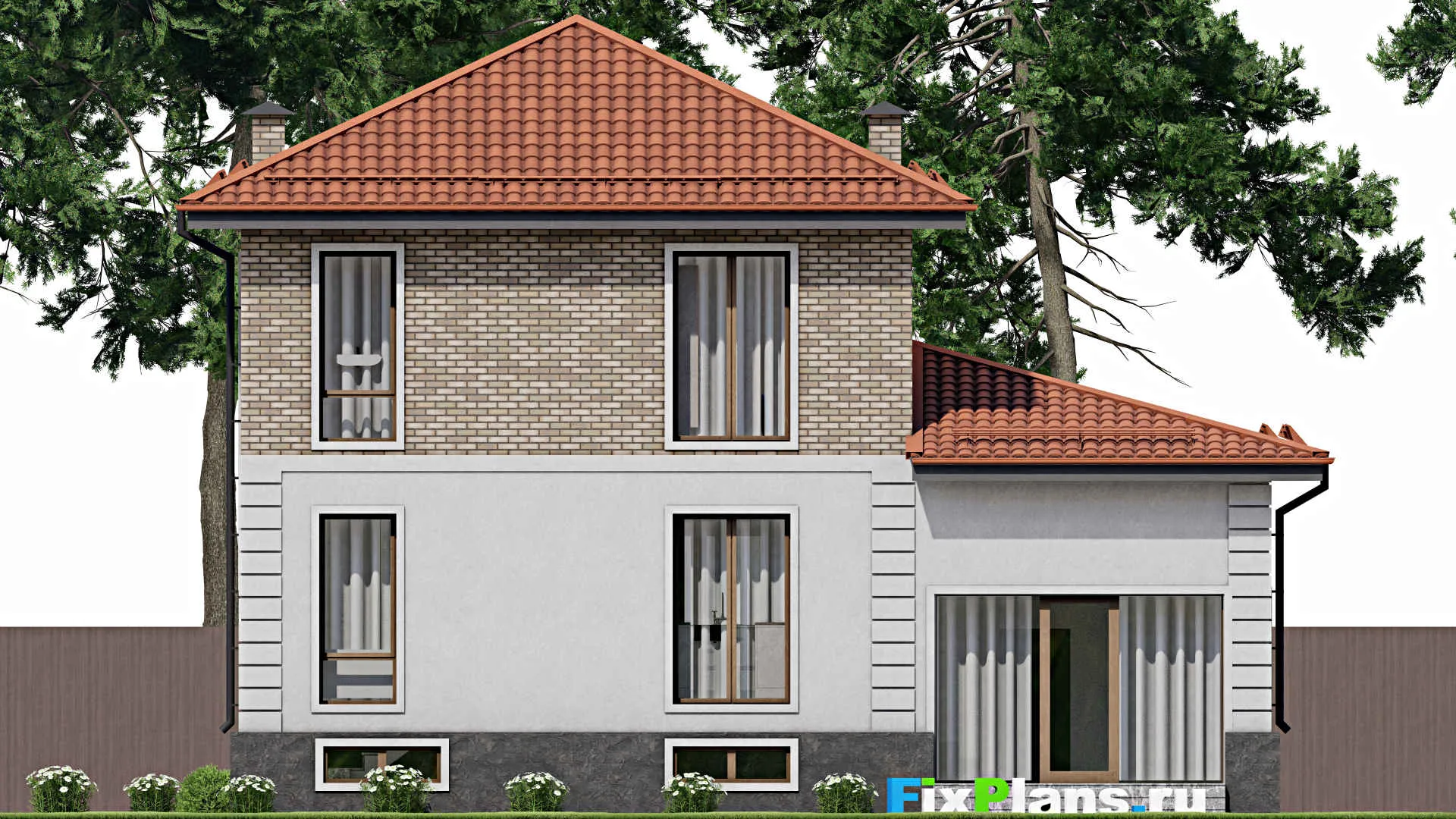 F-5705 - Планы двухэтажного дома 11 на 13, площадью 210 м² с террасой, балконом, цокольным этажом, гаражом на 1 машину и 4 спальнями