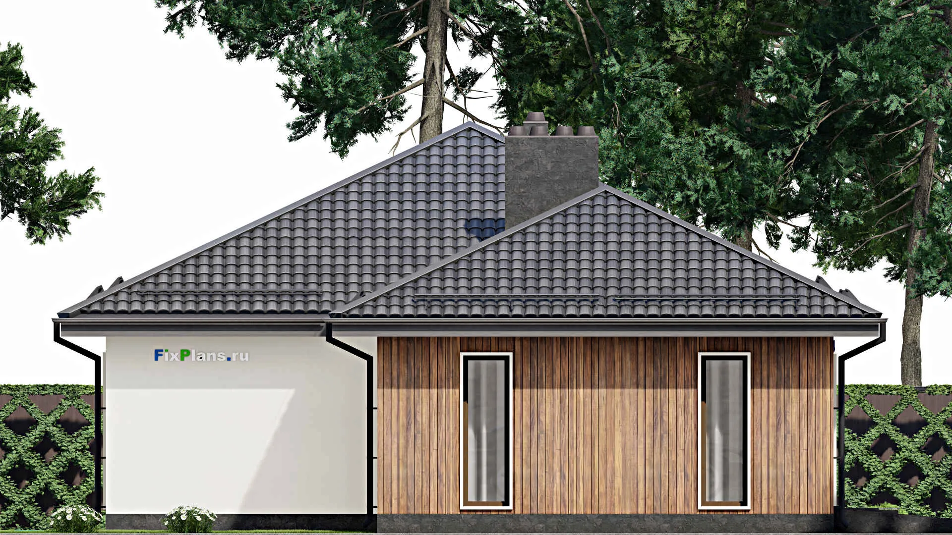 F-8630 - План одноэтажного дома 12 на 23, площадью 220 м² с террасой, гаражом на 1 машину и 3 спальнями