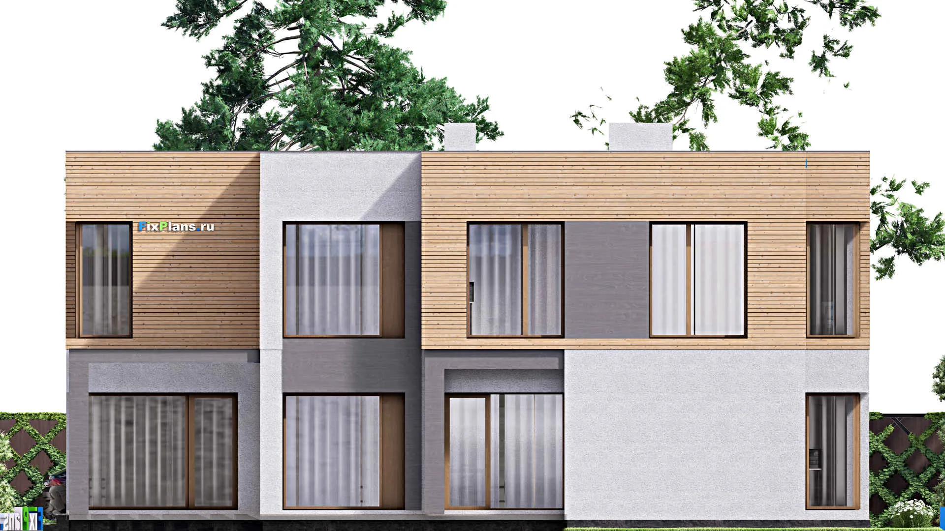 F-16658 - Проект двухэтажного дома 17 на 24, площадью 340 м² с террасой, гаражом на 2 машины и 3 спальнями