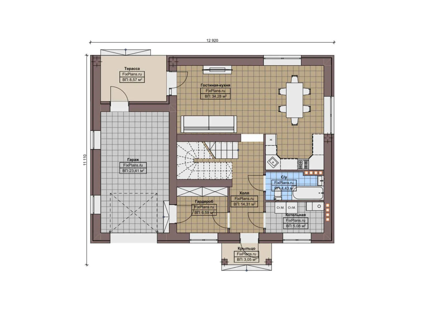 F-12149 - Планы дома с мансардой 12 на 13, площадью 160 м² с террасой, гаражом на 1 машину и 4 спальнями