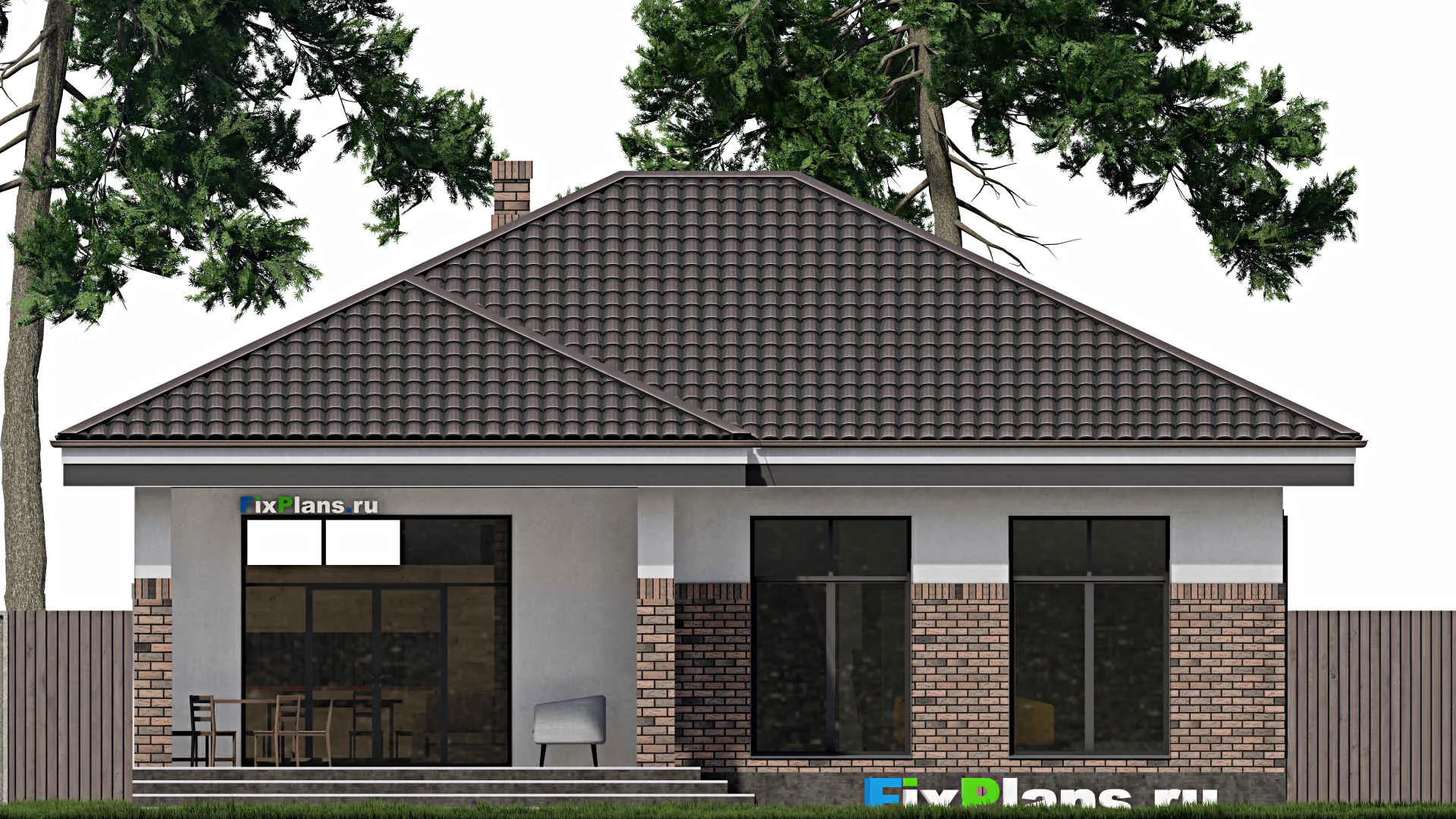 F-0881 - Проект одноэтажного дома 11 на 13, площадью 130 м² с террасой и 3 спальнями