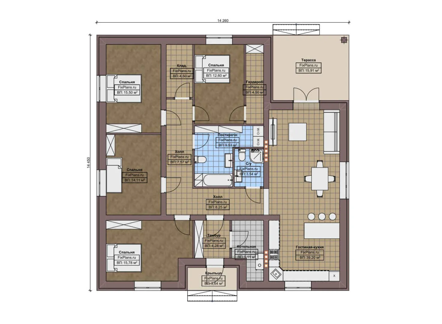 F-9233 - План одноэтажного дома 15 на 15, площадью 170 м² с террасой и 4 спальнями