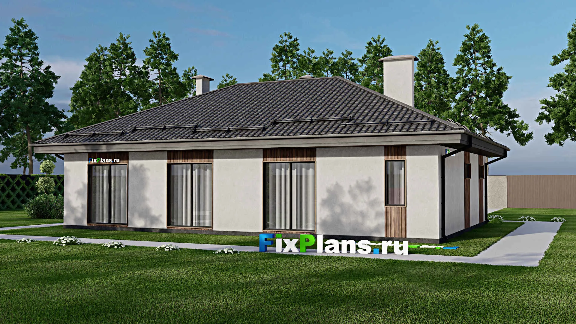 F-3590 - План одноэтажного дома 11 на 16, площадью 130 м² с гаражом на 2 машины и 2 спальнями