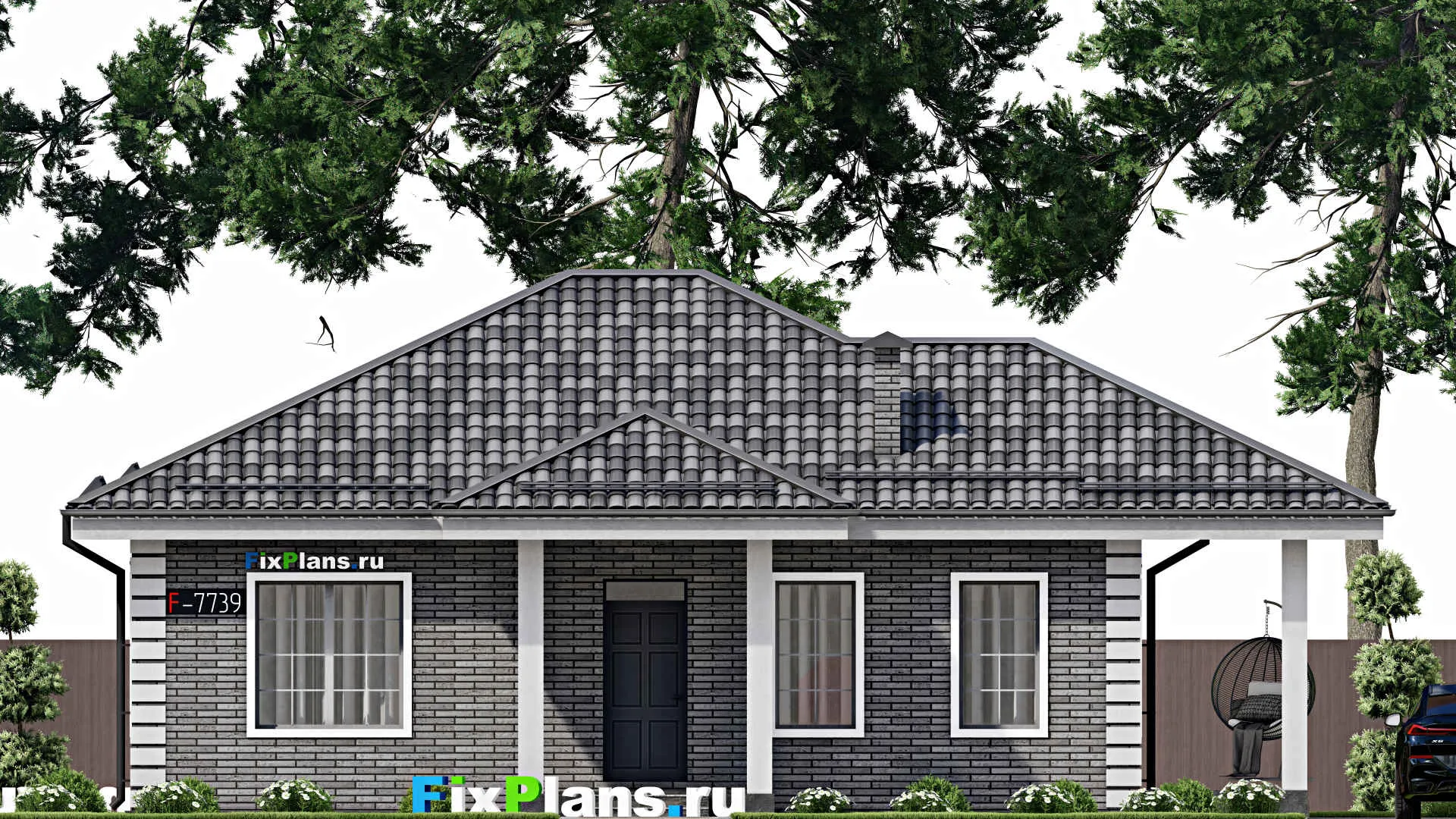 F-7739 - Проект одноэтажного дома 11 на 12, площадью 120 м² с террасой и 3 спальнями