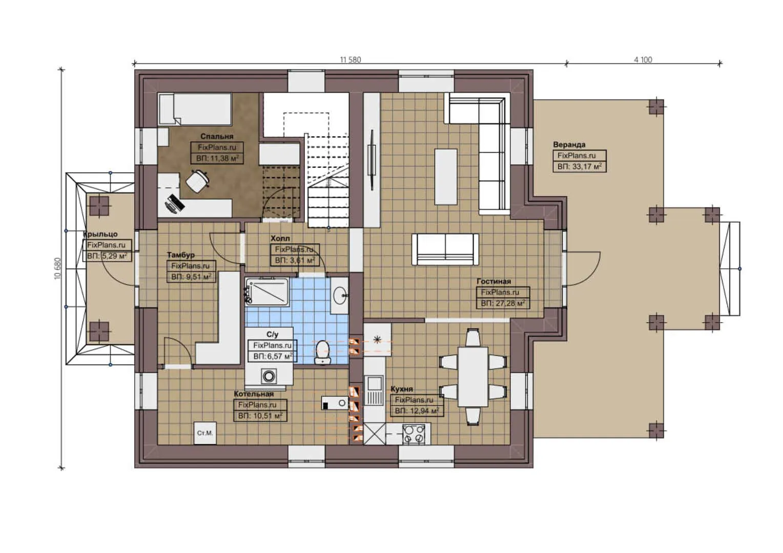 F-0863 - Планы двухэтажного дома 11 на 12, площадью 200 м² с террасой и 4 спальнями