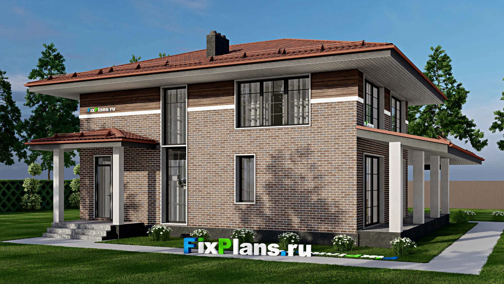 F-8549 - Проект двухэтажного дома 15 на 15, площадью 250 м² с террасой и 4 спальнями