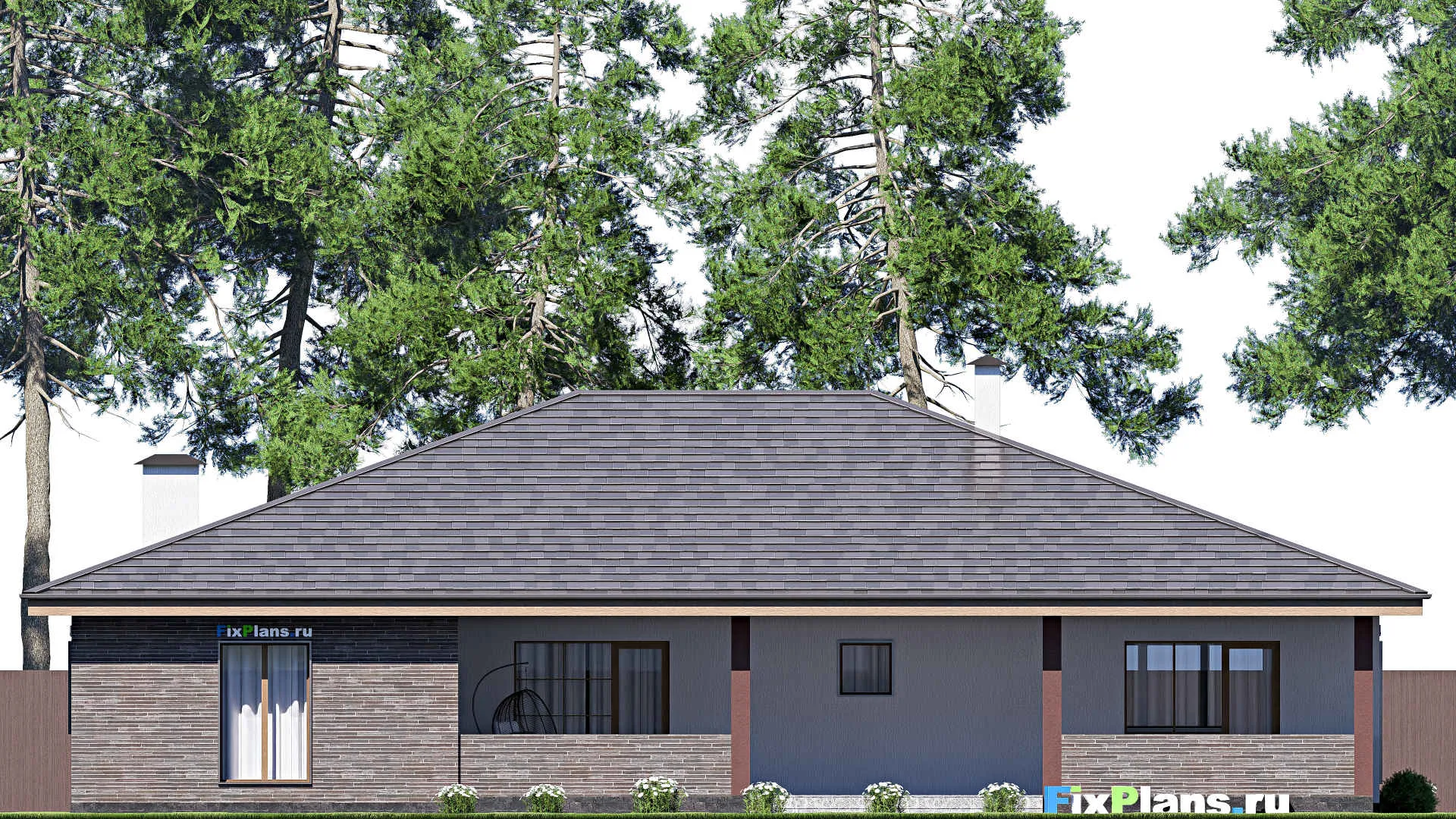 F-17954 - План одноэтажного дома 20 на 21, площадью 320 м² с террасой, гаражом на 2 машины и 2 спальнями