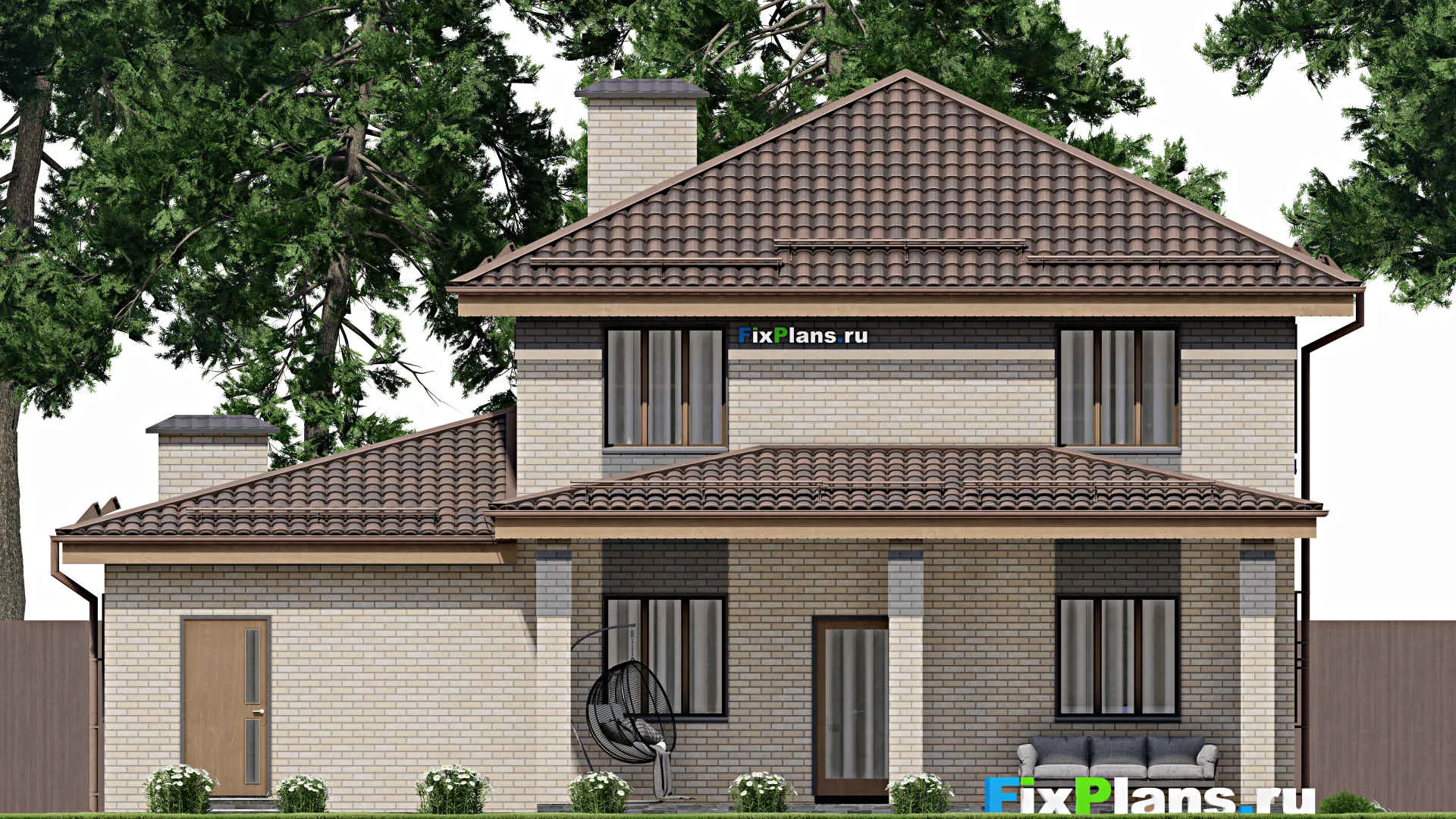 F-9152 - Проект двухэтажного дома 15 на 15, площадью 200 м² с террасой, балконом, гаражом на 1 машину и 6 спальнями