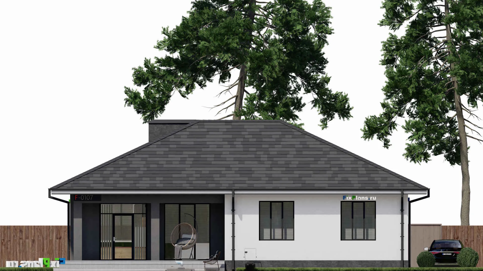 F-0107 - Проект одноэтажного дома 14 на 16, площадью 150 м² с террасой и 3 спальнями