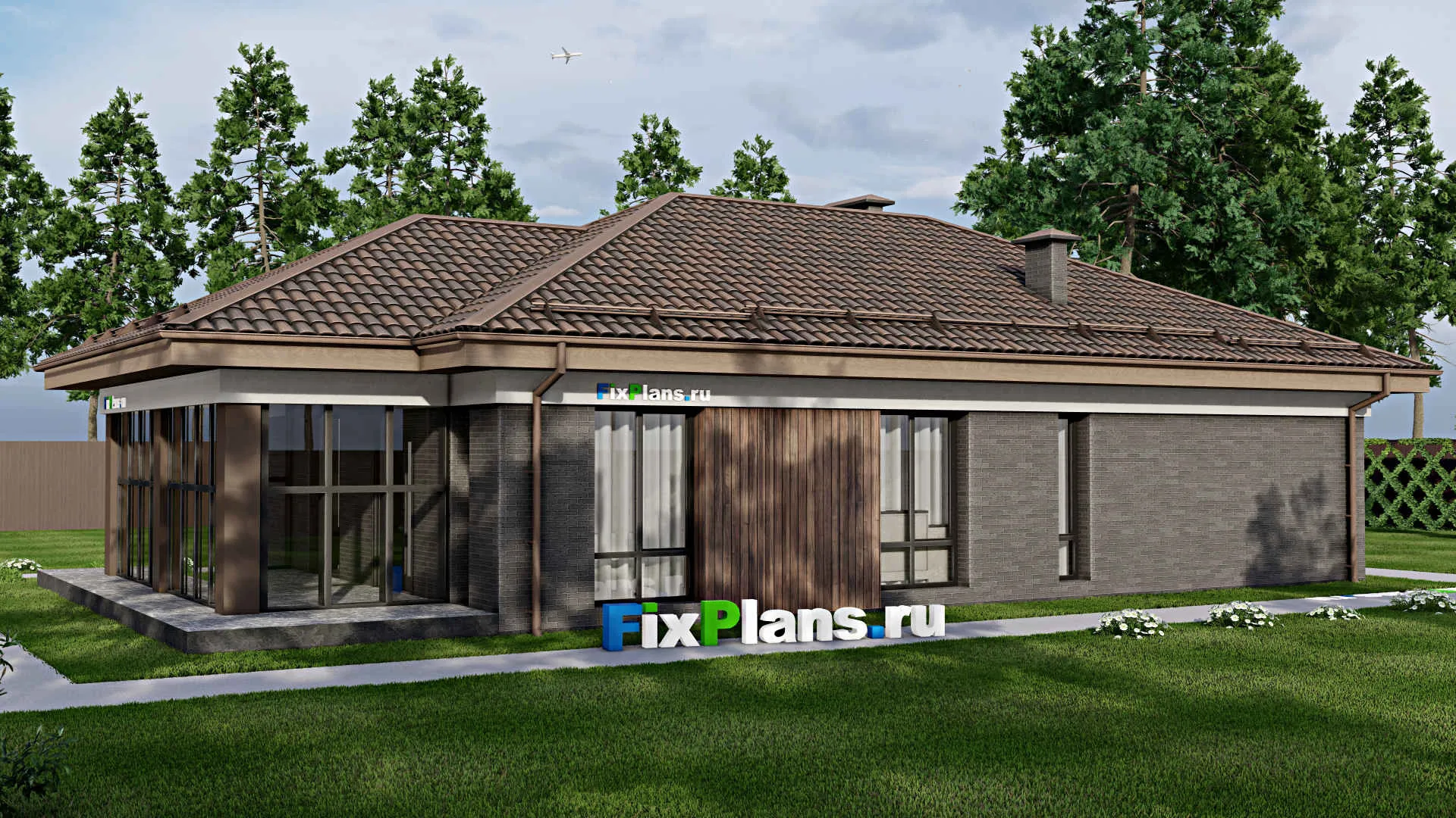 F-8414 - Проект одноэтажного дома 12 на 15, площадью 160 м² с террасой и 4 спальнями