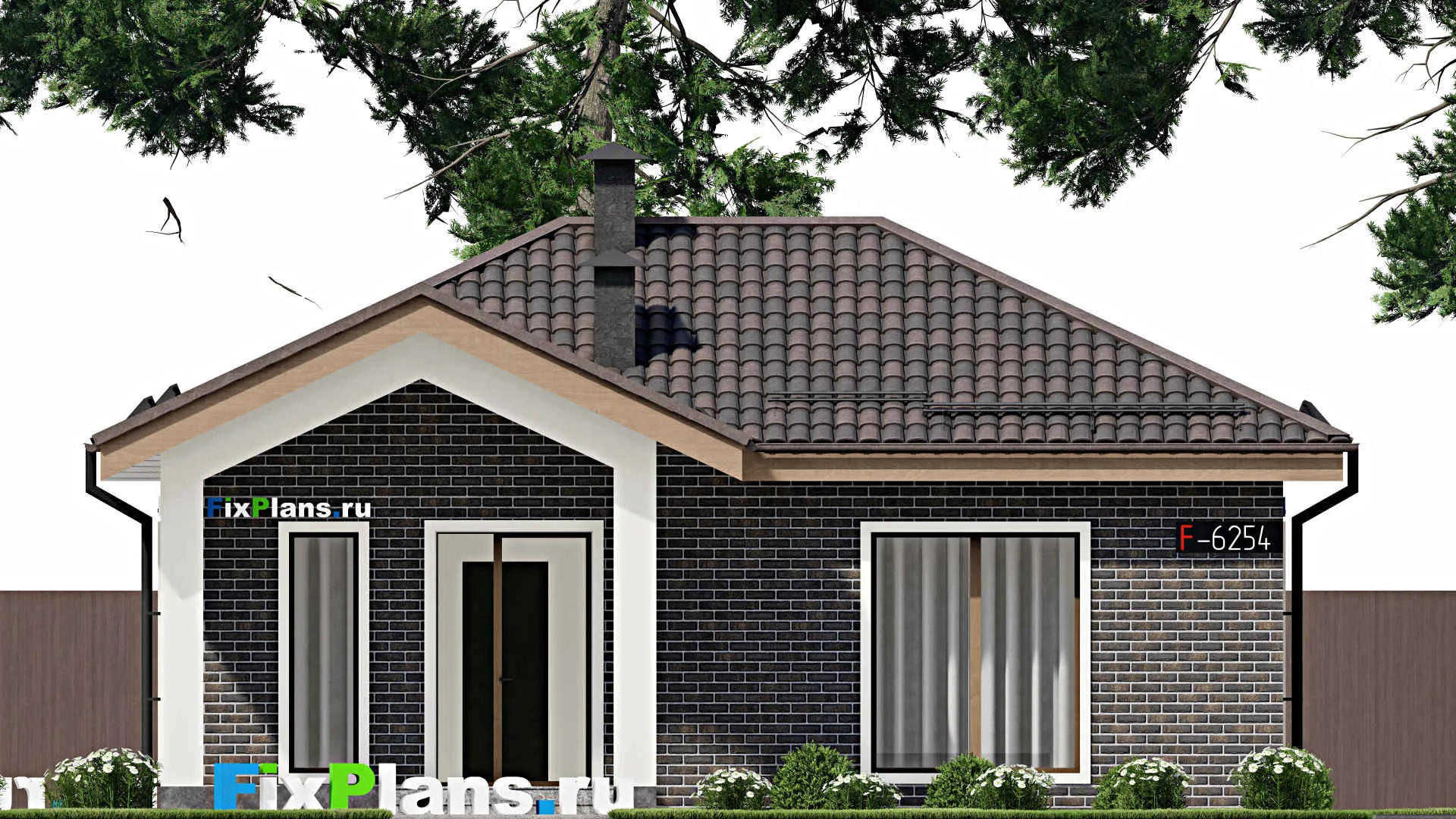 F-6254 - Проект одноэтажного дома 8 на 11, площадью 70 м² с террасой и 2 спальнями