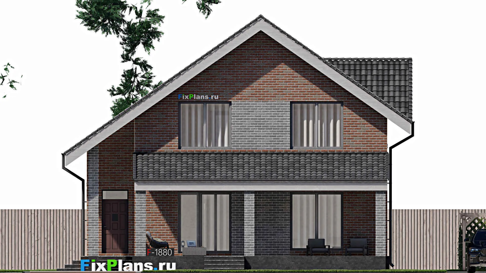 F-1880 - Планы дома с мансардой 12 на 12, площадью 210 м² с террасой и 4 спальнями