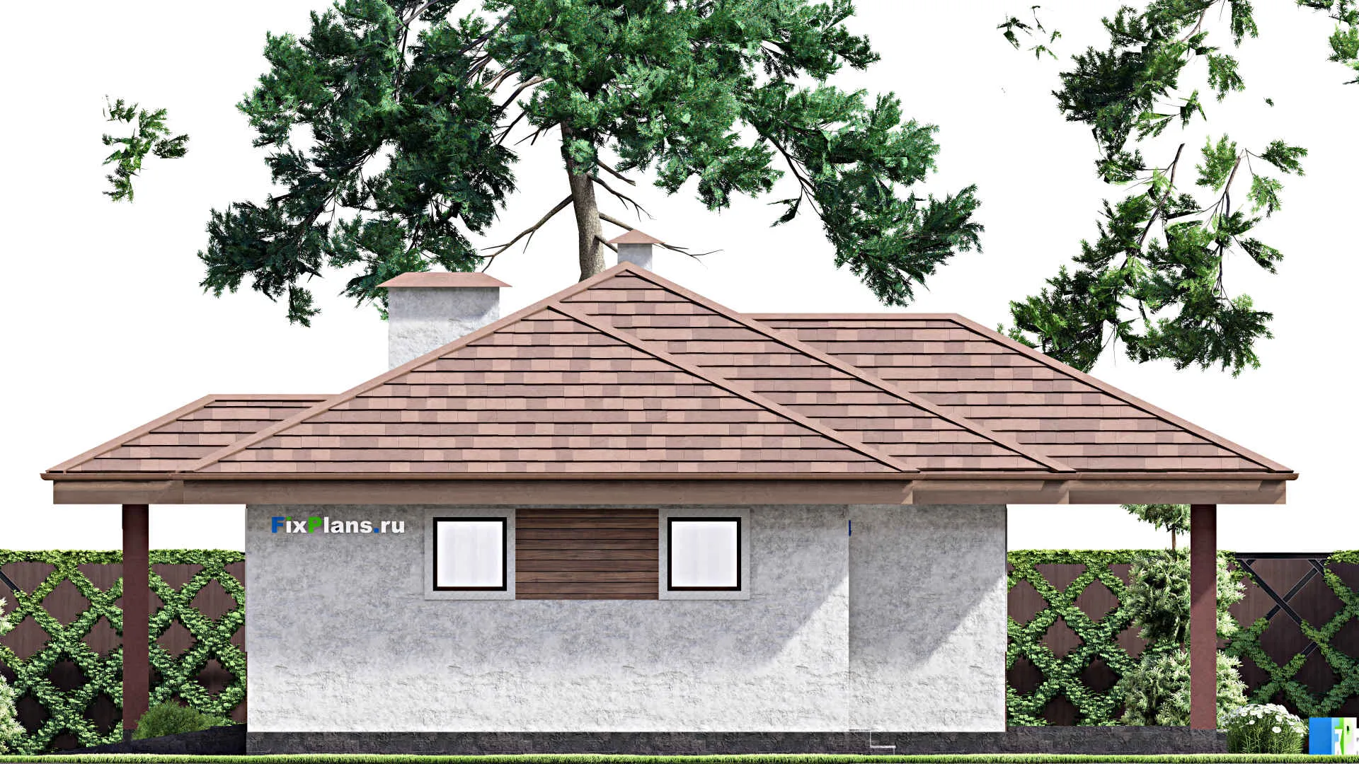 F-13634 - Проект одноэтажного дома 13 на 16, площадью 120 м² с террасой, гаражом на 1 машину и 2 спальнями