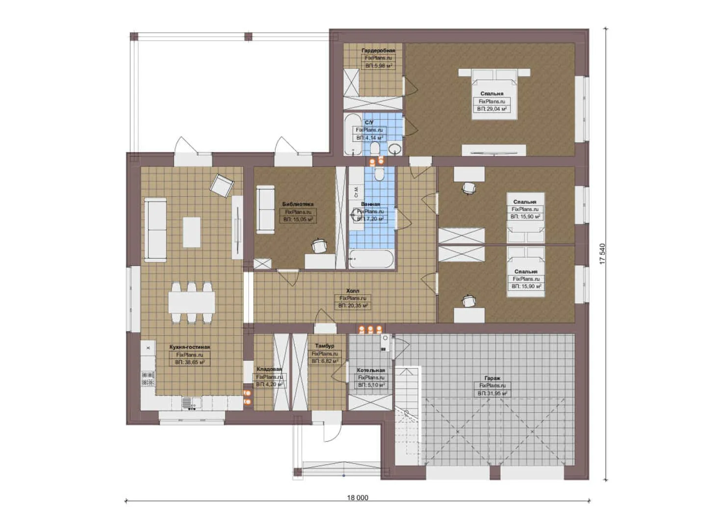 F-18890 - План одноэтажного дома 18 на 18, площадью 200 м² с гаражом на 1 машину и 3 спальнями