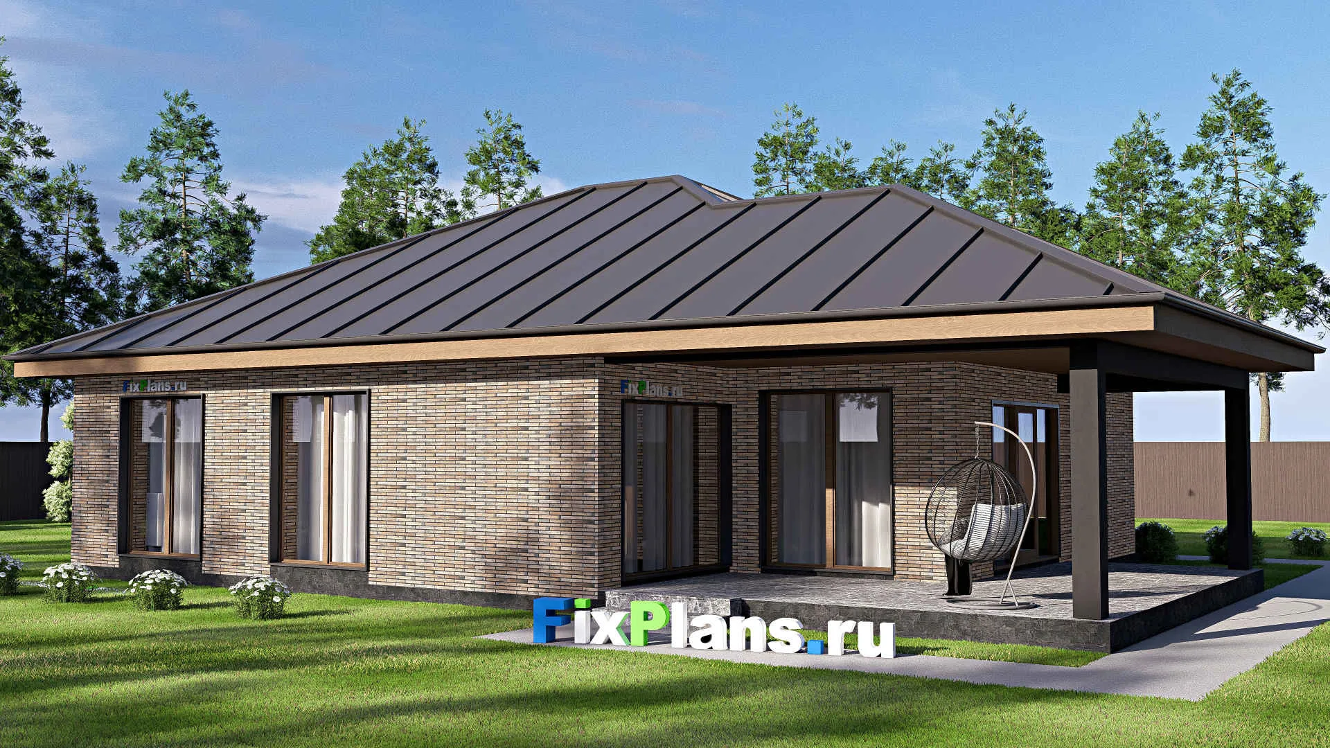 F-19637 - Проект одноэтажного дома 14 на 18, площадью 180 м² с террасой и 3 спальнями