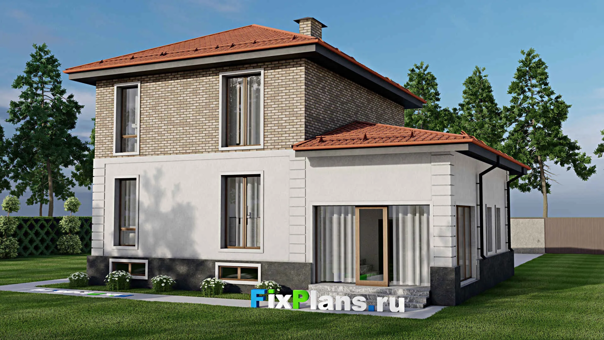 F-5705 - Планы двухэтажного дома 11 на 13, площадью 210 м² с террасой, балконом, цокольным этажом, гаражом на 1 машину и 4 спальнями