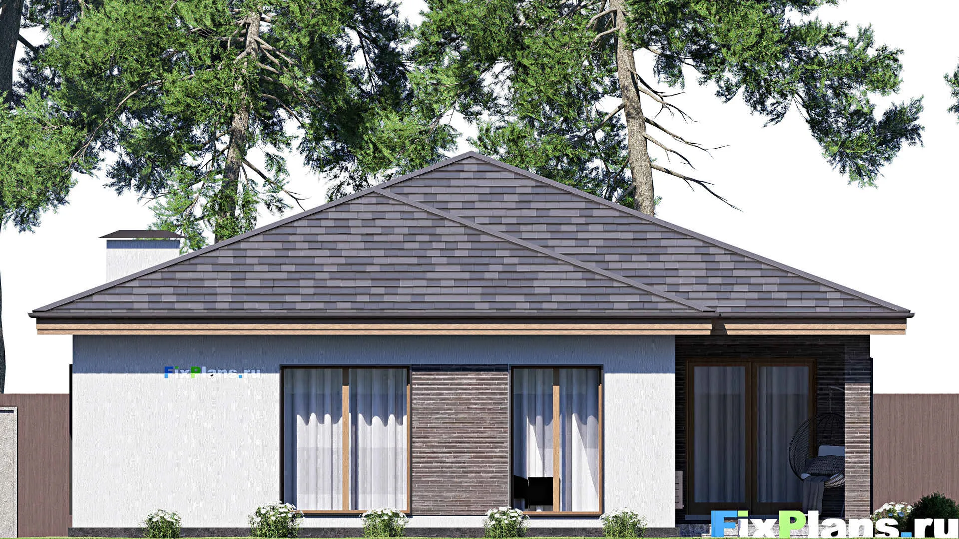 F-19565 - Проект одноэтажного дома 13 на 19, площадью 190 м² с террасой и 5 спальнями