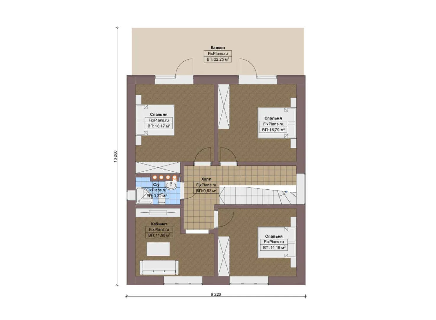 F-17774 - Планы дома с мансардой 14 на 16, площадью 270 м² с террасой, балконом, гаражом на 1 машину и 4 спальнями
