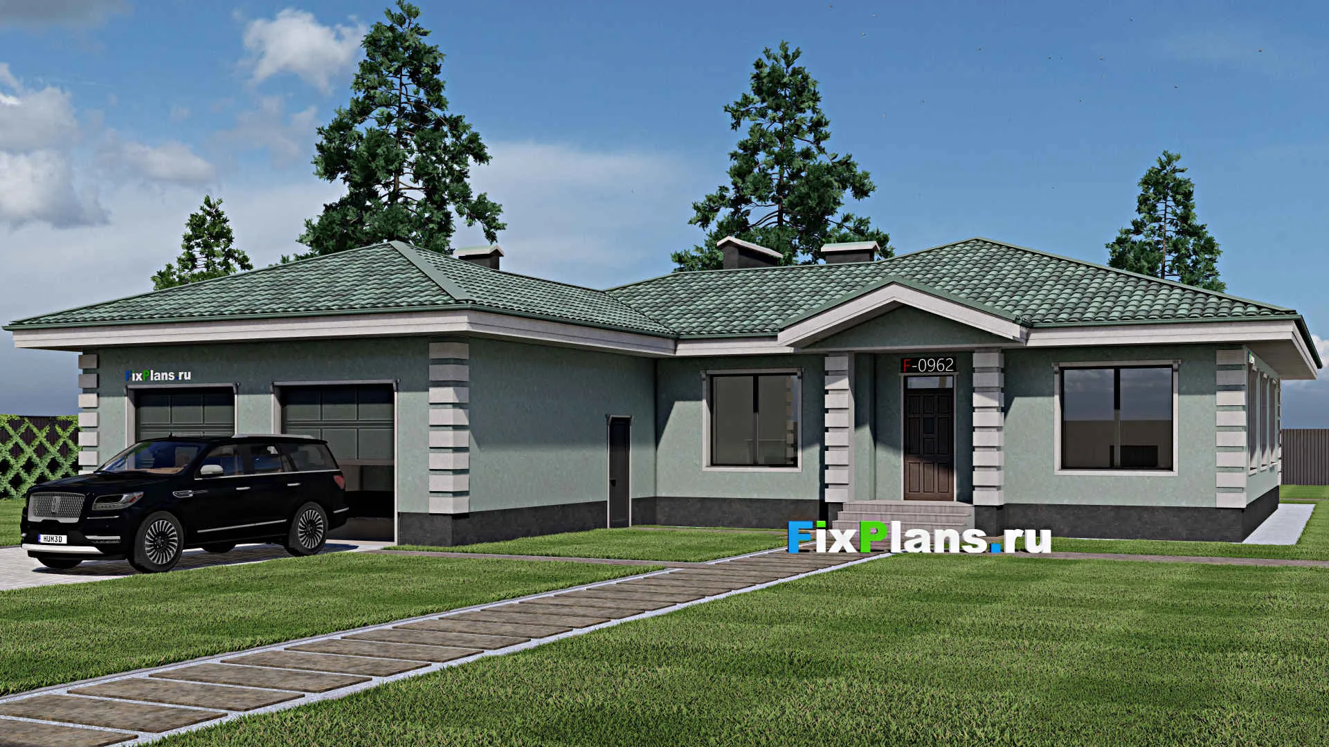 F-0962 - Проект одноэтажного дома 20 на 24, площадью 250 м² с террасой, гаражом на 2 машины и 3 спальнями