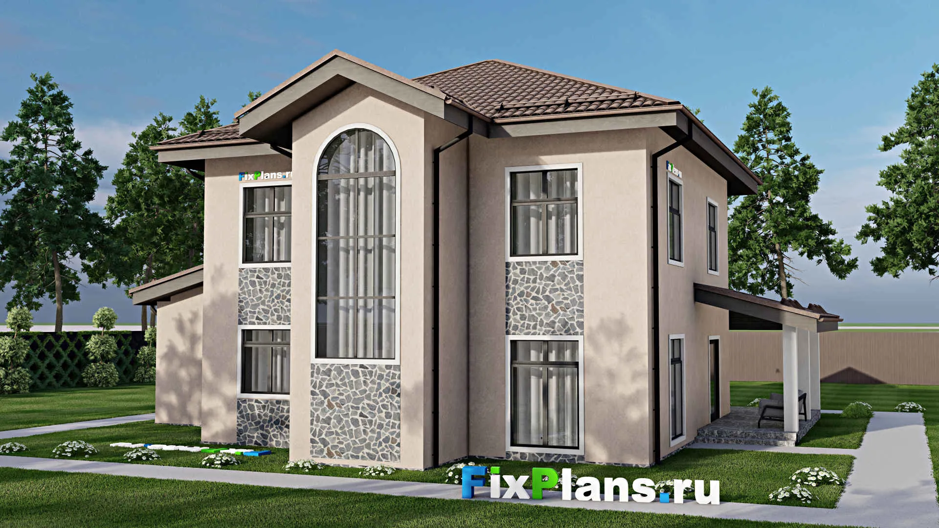 F-6362 - Проект двухэтажного дома 15 на 15, площадью 240 м² с террасой, балконом, баней, гаражом на 1 машину и 3 спальнями