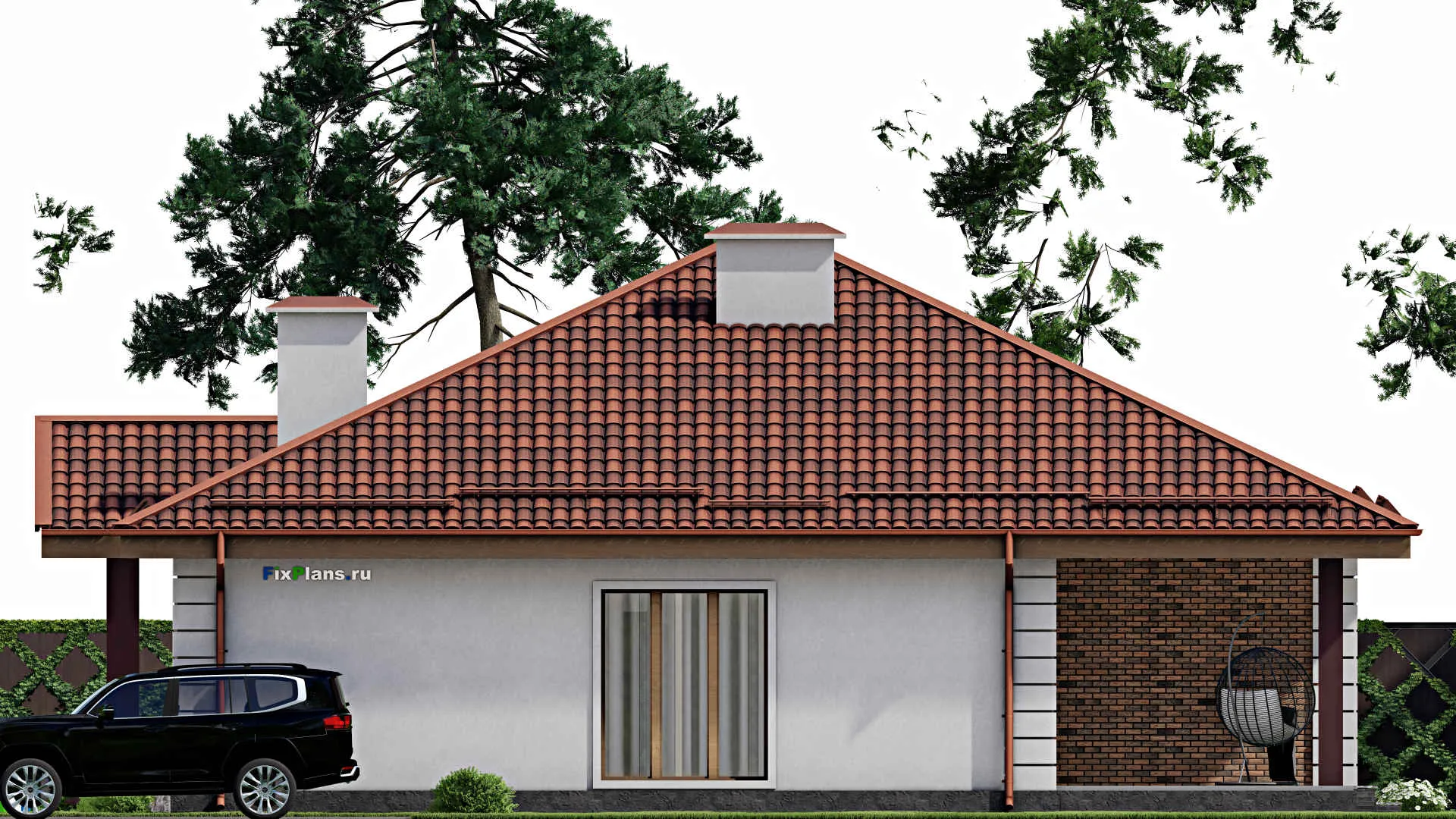 F-9233 - План одноэтажного дома 15 на 15, площадью 170 м² с террасой и 4 спальнями