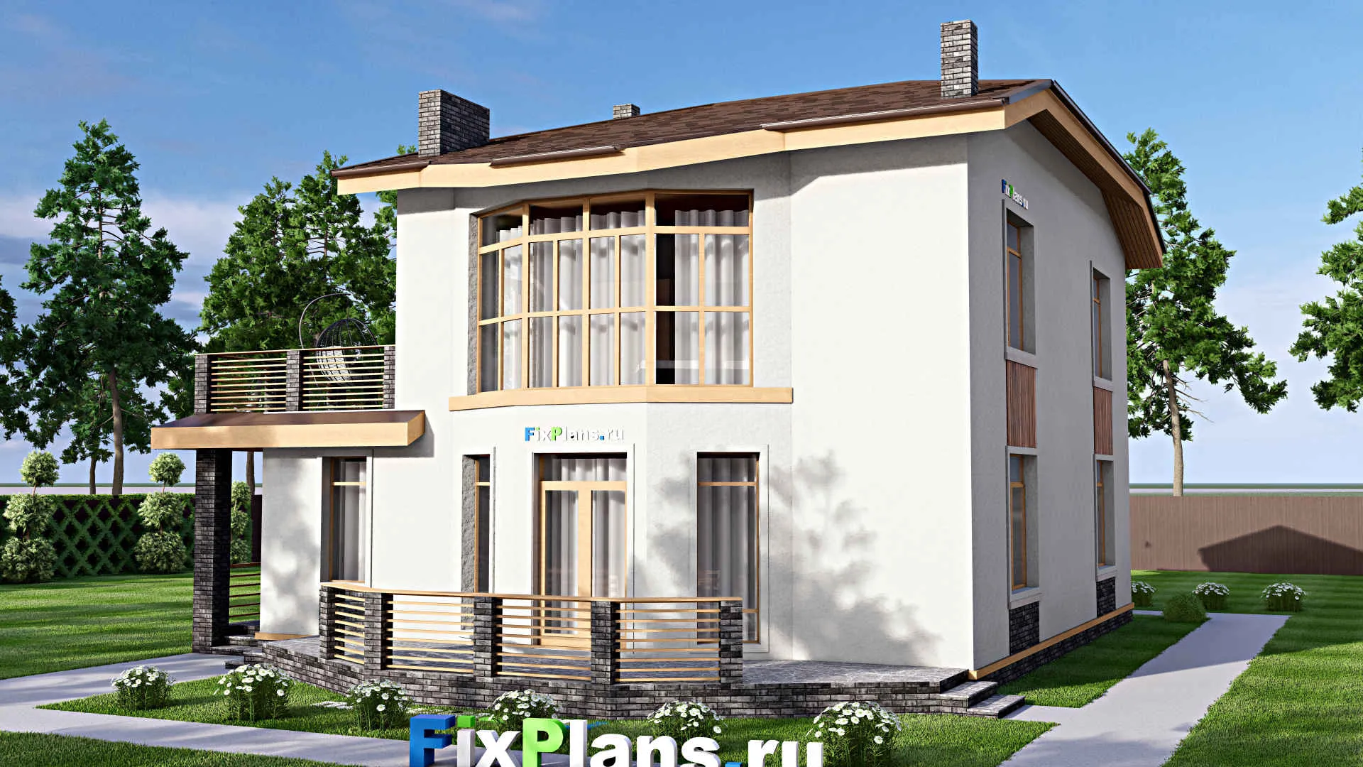 F-15911 - Проект двухэтажного дома 13 на 17, площадью 300 м² с террасой, балконом, гаражом на 1 машину и 4 спальнями