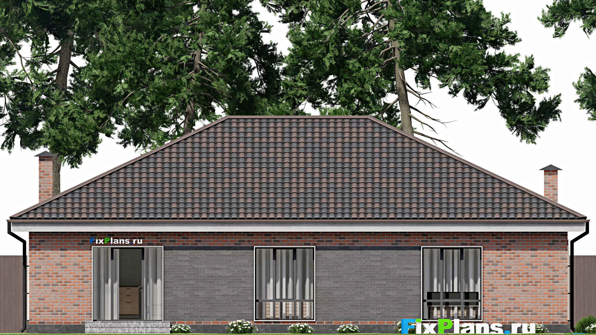 F-5858 - Проект одноэтажного дома 16 на 18, площадью 190 м² с гаражом на 2 машины и 3 спальнями