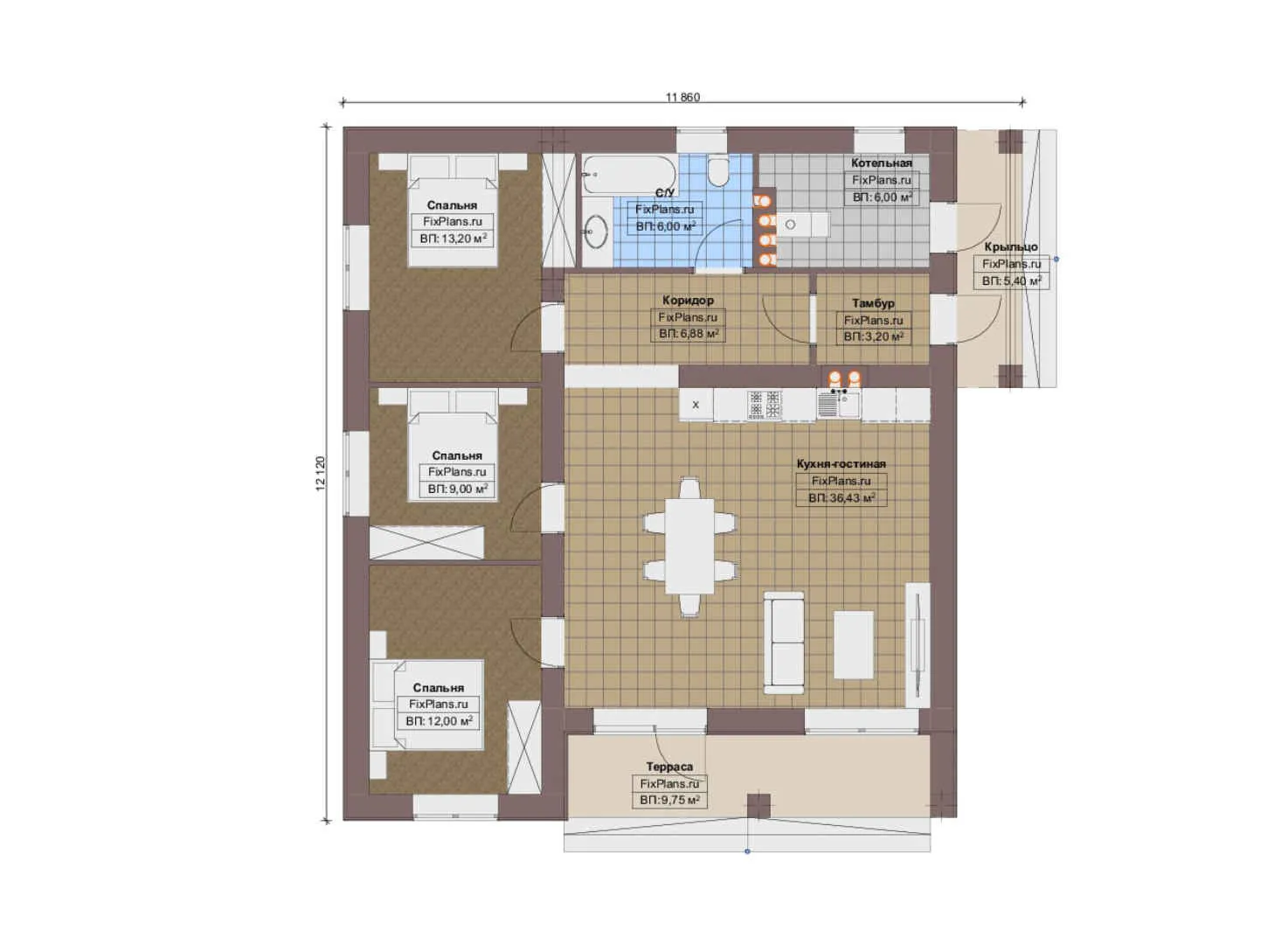 F-18548 - План одноэтажного дома 12 на 13, площадью 110 м² с террасой и 3 спальнями