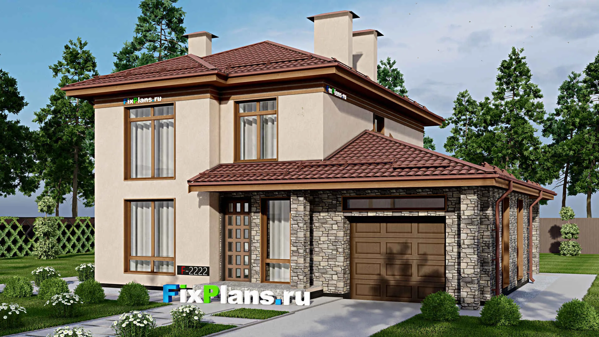 F-2222 - Проект двухэтажного дома 12 на 15, площадью 200 м² с террасой, гаражом на 1 машину и 5 спальнями