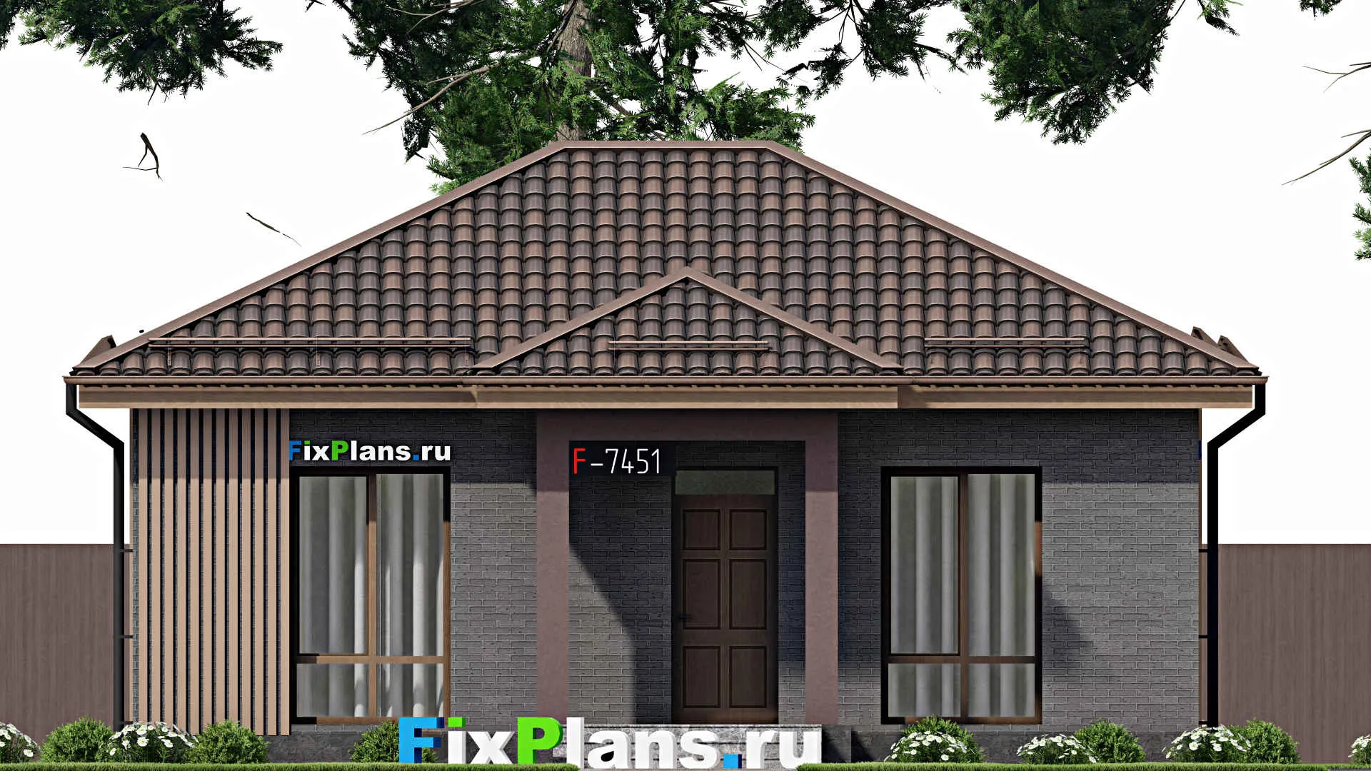 F-7451 - Проект одноэтажного дома 10 на 10, площадью 60 м² с 2 спальнями