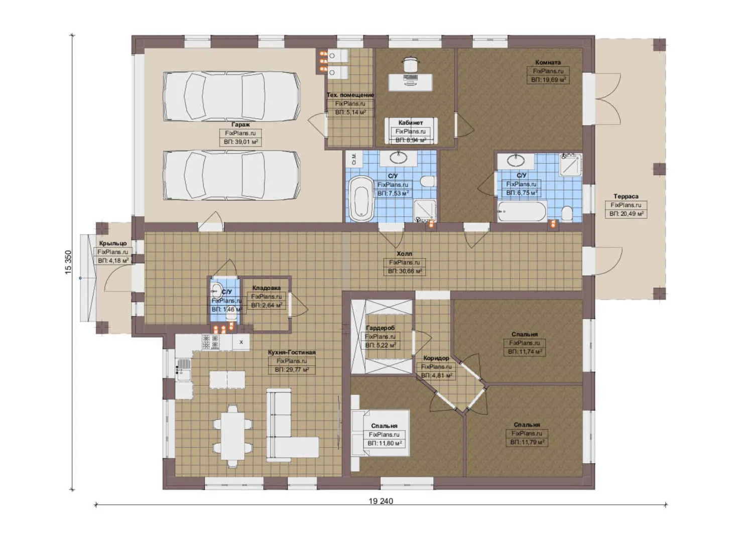 F-20483 - План одноэтажного дома 16 на 20, площадью 230 м² с террасой, гаражом на 2 машины и 3 спальнями