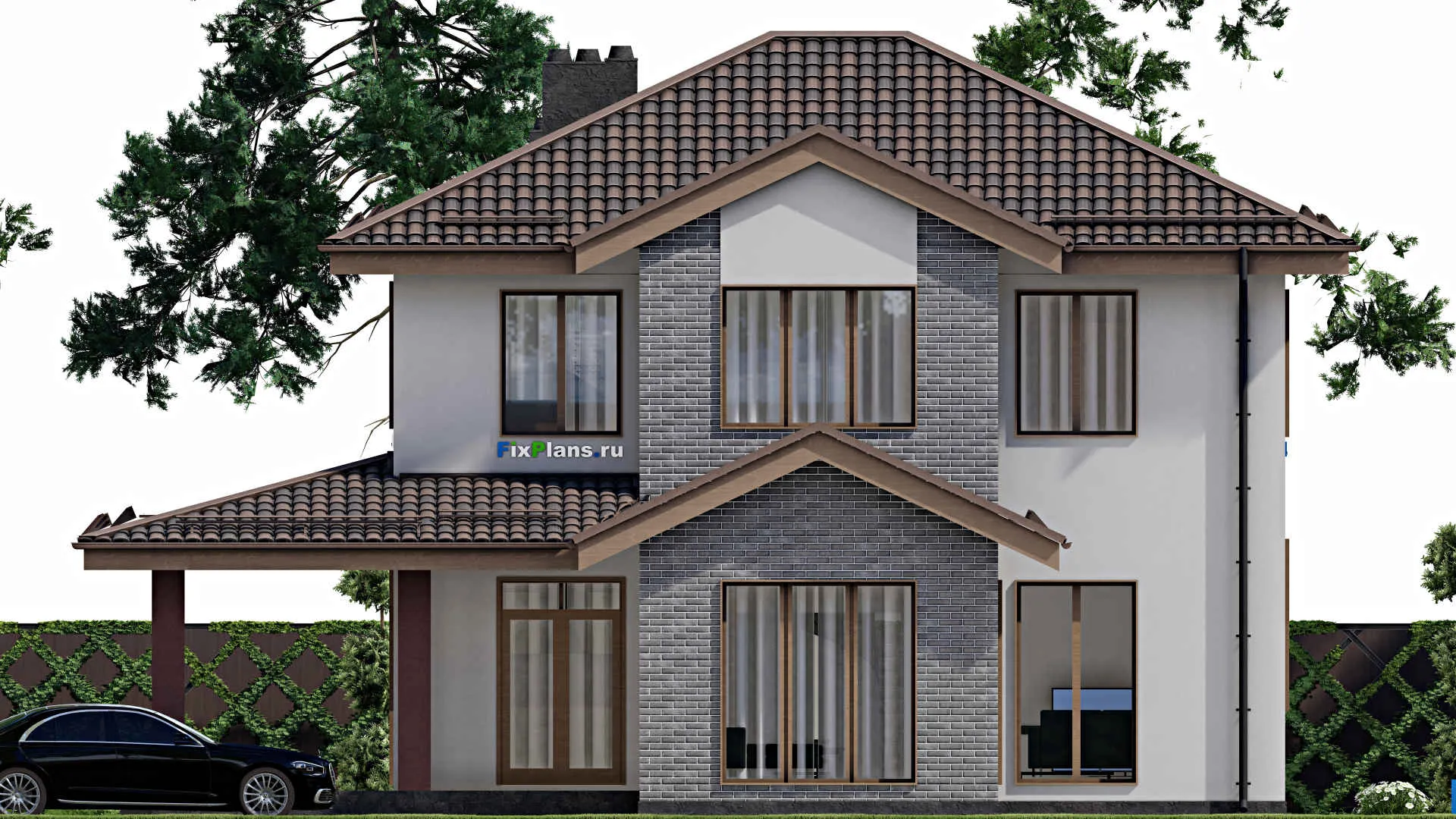 F-7325 - Планы двухэтажного дома 14 на 14, площадью 200 м² с террасой и 4 спальнями